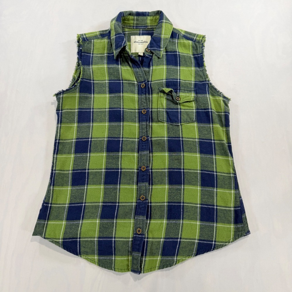 Abercrombie Flannel Vest Womens XL Green Navy Plaid Frayed Sleeveless Shirt